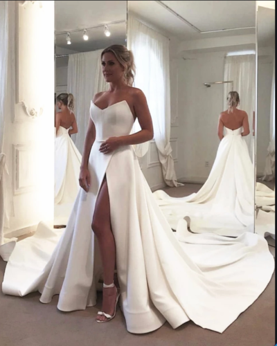 New Arrival White Wedding Dress,Back Open V Neck Court Train Long Wedding Dresses,Soft Satin Bridal Gown 2019,70
