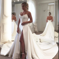 New Arrival White Wedding Dress,Back Open V Neck Court Train Long Wedding Dresses,Soft Satin Bridal Gown 2019,70 - Thumbnail 1
