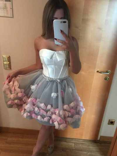 2019 Short Prom Dresses Graduation Strapless Gray White Flowers Real Photos Evening Organza Party Formal Gown,73