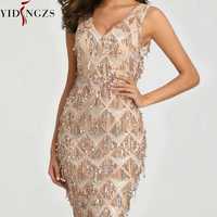 2019 Sexy V-neck Tassel Sequin Sleeveless Evening Dress Women Elegant Long Evening Party Dress,78 - Thumbnail 2