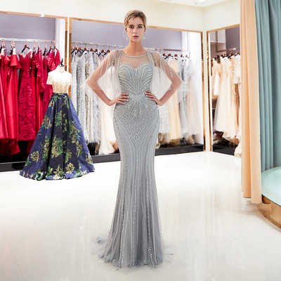 Gray evening dress crystal sequins beaded long mermaid evening gown scoop neckline long dress,81 - Thumbnail 5