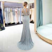 Beaded Evening Dresses Luxury Gray/Champagne Mermaid Crystal Sweep Train Long Sleeves Gray Sheer Neck Prom Formal Party Gown,84 - Thumbnail 1