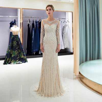 Beaded Evening Dresses Luxury Gray/Champagne Mermaid Crystal Sweep Train Long Sleeves Gray Sheer Neck Prom Formal Party Gown,84