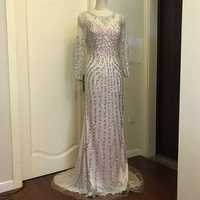 Beaded Evening Dresses Luxury Gray/Champagne Mermaid Crystal Sweep Train Long Sleeves Gray Sheer Neck Prom Formal Party Gown,84 - Thumbnail 2