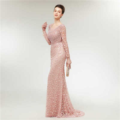uxury Evening Dresses Lace 2019 Mermaid Long Sleeves Pearls Crystals Pink Women Formal Party Gown Prom Dress,85