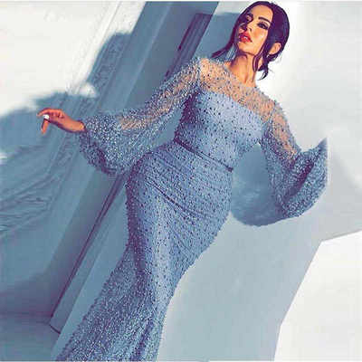Blue evening dresses long sleeves mermaid lace pearls sexy women arabic formal party prom gown,87