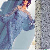 Blue Evening Dresses Long Sleeves Mermaid Lace Pearls Sexy Women Arabic Formal Party Prom Gown,87 - Thumbnail 1