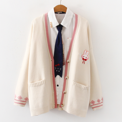 Cartoon Embroidered Bunny Loose Knit Cardigan Sweater