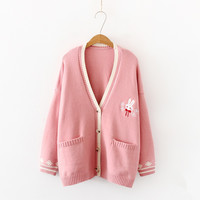 Cartoon Embroidered Bunny Loose Knit Cardigan Sweater - Thumbnail 3