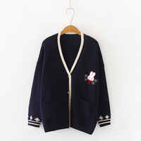 Cartoon Embroidered Bunny Loose Knit Cardigan Sweater - Thumbnail 4