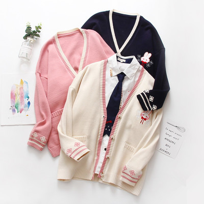 Cartoon embroidered bunny loose knit cardigan sweater