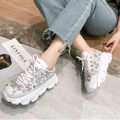 Crystal rhinestone floral mesh white women sneakers shoes