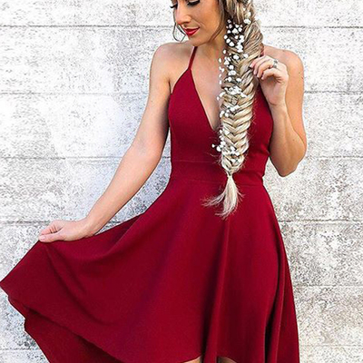 Simple a-line halter open back burgundy satin short homecoming dresses,back to school dresses,short prom dresses under 100 - Thumbnail 5