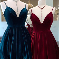 Vintage A-Line V Neck Cross Back Burgundy Velvet Short Homecoming Dresses with Pockets,Cheap Back to School Dresses - Thumbnail 1