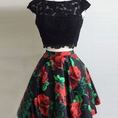 Modest two piece bateau neck open back cap sleeve floral printed short homecoming dresses with lace - Thumbnail 4