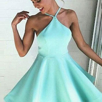 Simple A Line Halter Open Back Mint Satin Short Homecoming Dresses with Pockets Under 100, Cute Short Party Dresses - Thumbnail 1