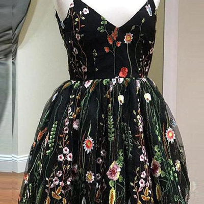 Cute a line v neck open back black lace short homecoming dresses, beautiful cocktail dresses - Thumbnail 3