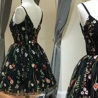 Cute A Line V Neck Open Back Black Lace Short Homecoming Dresses, Beautiful Cocktail Dresses - Thumbnail 1