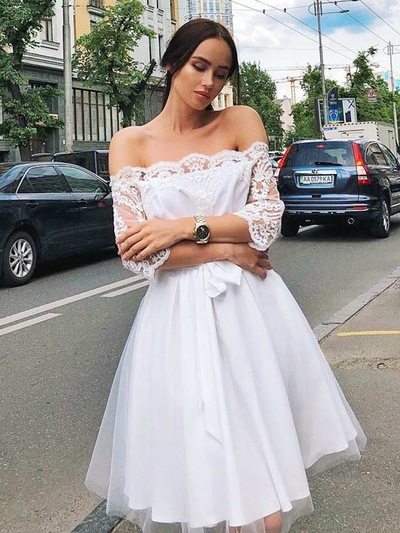 Cute A Line Off the Shoulder Half Sleeves White Short Homecoming Dresses, Charming Short Homecoming Dresses