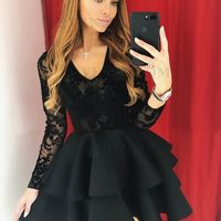 A-Line V Neck Long Sleeve Black Lace Short Homecoming Dresses,Tiered Back to School Dresses,Little Black Dresses - Thumbnail 1