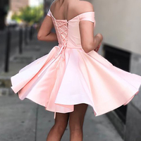 Simple A-Line Off the Shoulder Lace-up Back Pink Satin Short Homecoming Dresses,Cheap Back to School Dresses Under 100 - Thumbnail 1