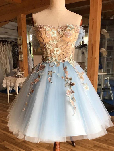 Princess Sweetheart Open Back Blue Tulle Short Homecoming Dresses with Floral Lace,Beautiful Prom Dresses Short