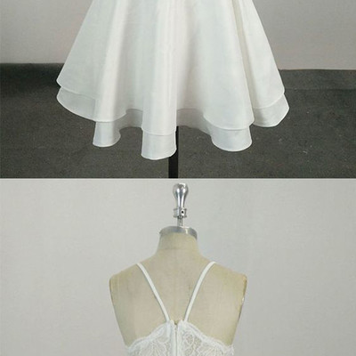 A-line v neck spaghetti straps open back white satin tiered short homecoming dresses with lace - Thumbnail 4