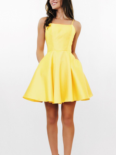 Cheap A-Line Square Neck Spaghetti Straps Open Back Yellow Satin Short Homecoming Dresses with Pockets
