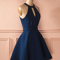 Chic A-Line Halter Open Back Navy Blue Satin Short Homecoming Dresses,Cheap Hoco Dresses - Thumbnail 1