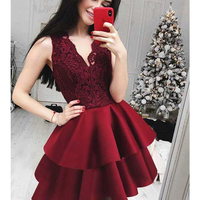 Cute A Line V Neck Open Back Lace Wine Short Homecoming Dresses, Short Prom Dresses - Thumbnail 1