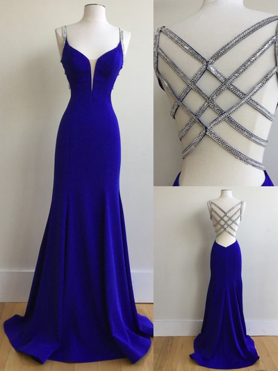 Unique Mermaid V Neck Criss Cross Back Royal Blue Elastic Satin Long Prom Dresses with Beading,Formal Party Dresses