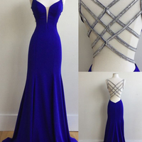 Unique Mermaid V Neck Criss Cross Back Royal Blue Elastic Satin Long Prom Dresses with Beading,Formal Party Dresses - Thumbnail 1