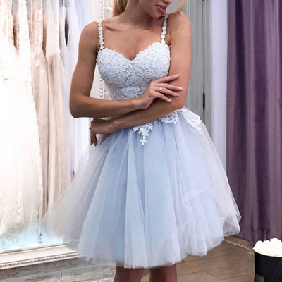 Cute a-line sweetheart with straps blue tulle short homecoming dresses appliques back to school dresses - Thumbnail 3