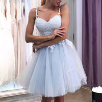 Cute A-Line Sweetheart with Straps Blue Tulle Short Homecoming Dresses Appliques Back to School Dresses - Thumbnail 1