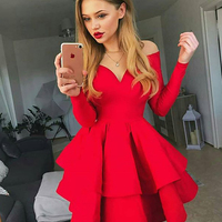 Cute Off the Shoulder Long Sleeves White/Red Short Hoco Dresses, Cute Short Party Dresses - Thumbnail 1