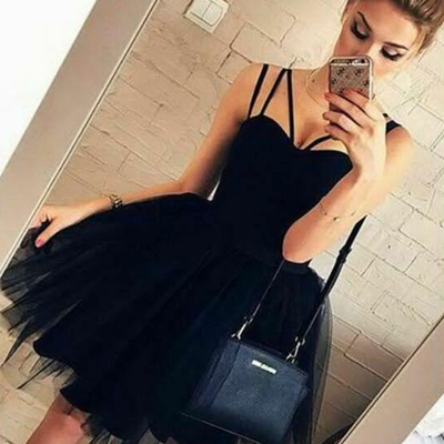 Cute sweetheart spaghetti straps black tulle short homecoming dresses, short party dresses, daily dresses - Thumbnail 4