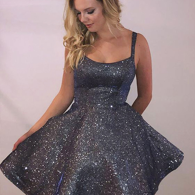 Fashion sparkly sweetheart spaghetti cross back short homecoming dresses with pockets, short cocktail dresses - Thumbnail 4