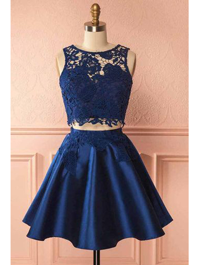 Cute A Line Round Neck Two Piece Navy Blue Lace Short Homecoming Dresses, Short Party Dresses with Pockets Under 100