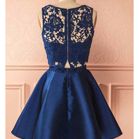 Cute A Line Round Neck Two Piece Navy Blue Lace Short Homecoming Dresses, Short Party Dresses with Pockets Under 100 - Thumbnail 1