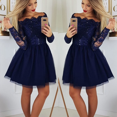 Cute a line off the shoulder long sleeves navy blue short homecoming dresses, sparkly lace homecoming dresses - Thumbnail 2