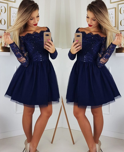 Cute A Line Off the Shoulder Long Sleeves Navy Blue Short Homecoming Dresses, Sparkly Lace Homecoming Dresses