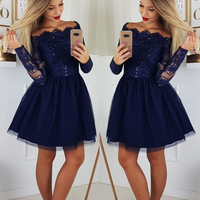 Cute A Line Off the Shoulder Long Sleeves Navy Blue Short Homecoming Dresses, Sparkly Lace Homecoming Dresses - Thumbnail 1