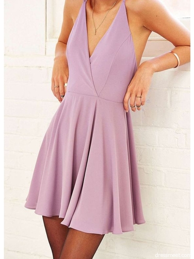 Simple V Neck Cross Back Pink Chiffon Short Hoco Dresses Under 100, Cute Party Dresses