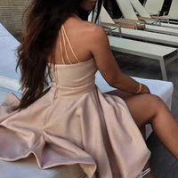 Cute A Line V Neck Spaghetti Straps Blush Satin Homecoming Dresses, Daily Casual Dresses, Party Dresses Under 100 - Thumbnail 1