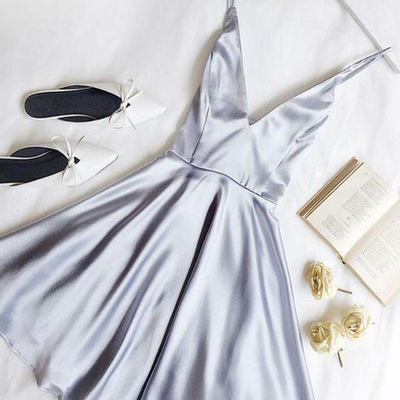 A line v neck spaghetti straps open back light grey satin short homecoming dresses, cute cocktail dresses - Thumbnail 5