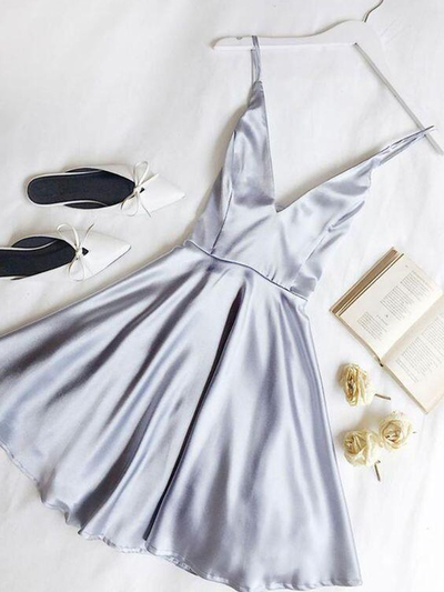 A Line V Neck Spaghetti Straps Open Back Light Grey Satin Short Homecoming Dresses, Cute Cocktail Dresses