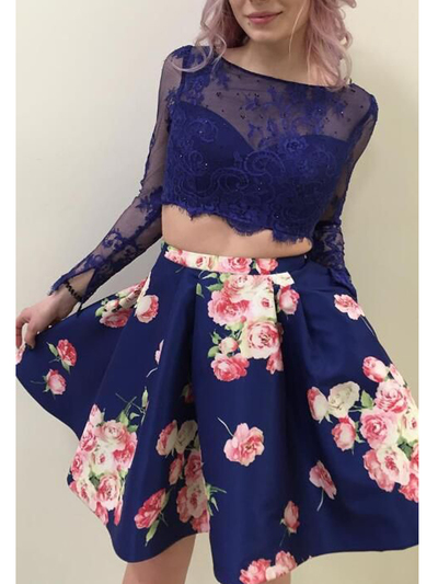Elegant Two Piece Long Sleeves Navy Blue Short Homecoming Dresses with Pockets, Short Party Dresses with Lace