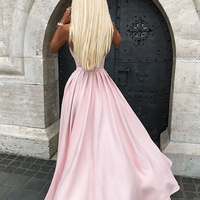 A Line V Neck Spaghetti Straps Pink Satin Long Prom Dresses, Pretty Long Prom Dresses, Formal Dresses - Thumbnail 1