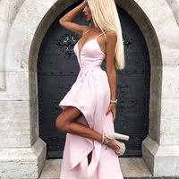 A Line V Neck Spaghetti Straps Pink Satin Long Prom Dresses, Pretty Long Prom Dresses, Formal Dresses - Thumbnail 2