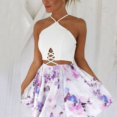 Cute a line two piece spaghetti cross back short homecoming dresses, printed short prom dresses with pockets - Thumbnail 5